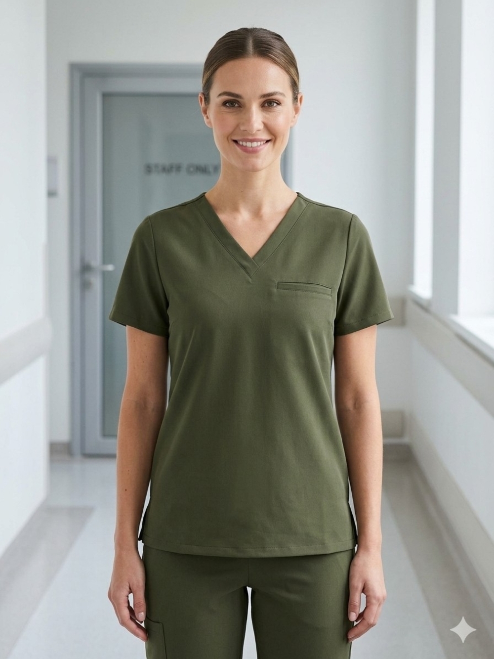 Mandala Scrubs - One Pocket V-Neck Scrub Top - Olive
